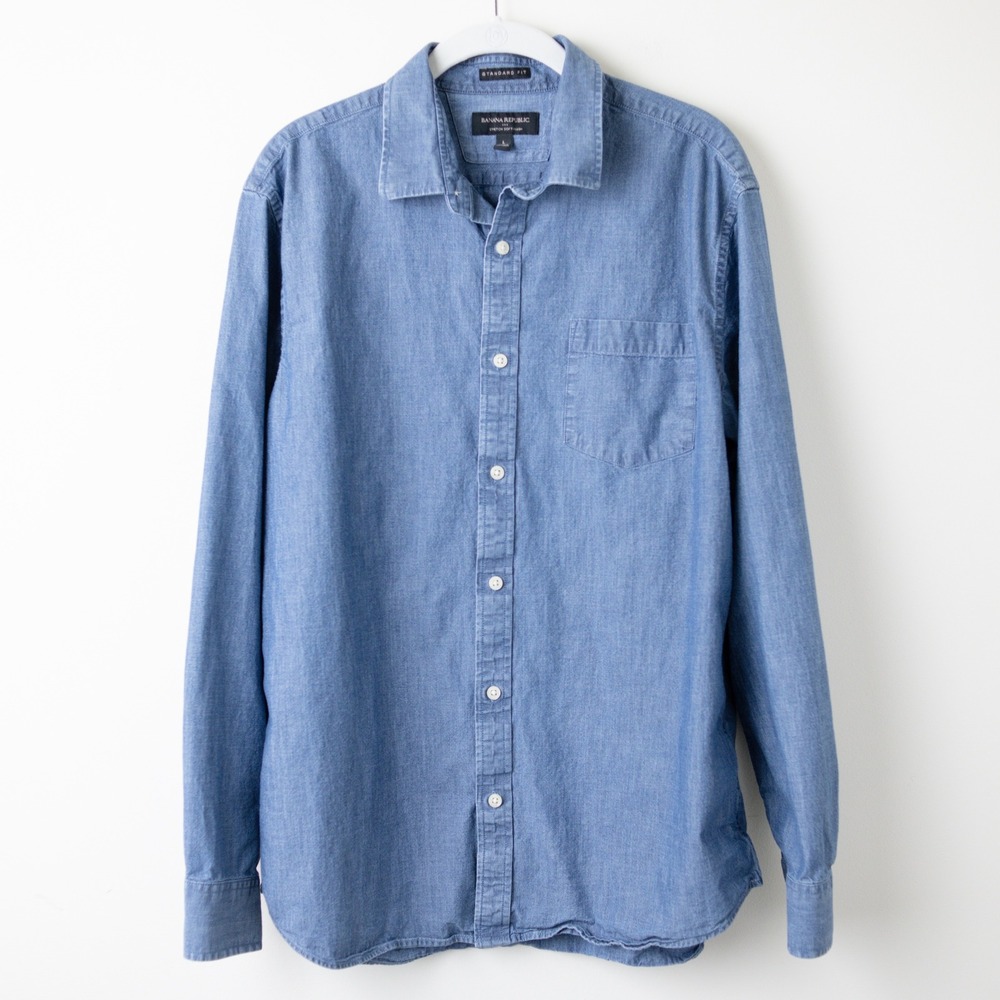 Banana Republic Standard Fit Cotton Shirt Mens Large Blue Stretch Soft‎ Wash